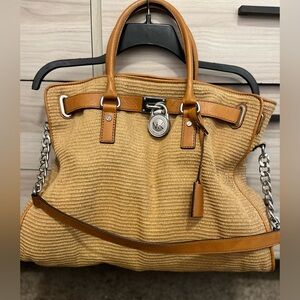 Vintage Michael Kors Straw Hamilton Tote with leather trim